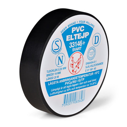 Etab Isoleringstape 19 mm x 20 m sort, blå/hvid label med svensk tekst og symboler, selvslukkende PVC til -10°C.