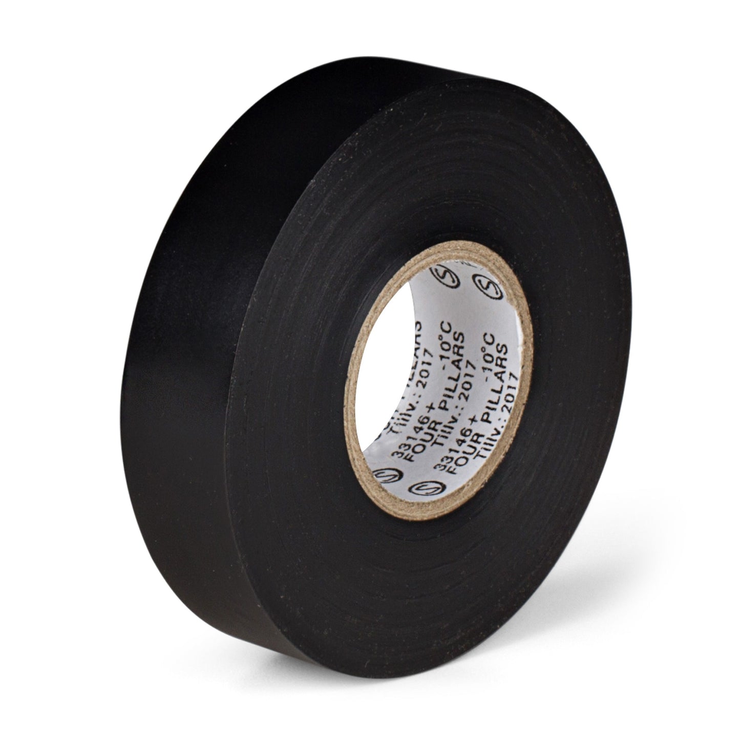 Isoleringstape sort 19 mm x 20 m med tekst på papirkernen.