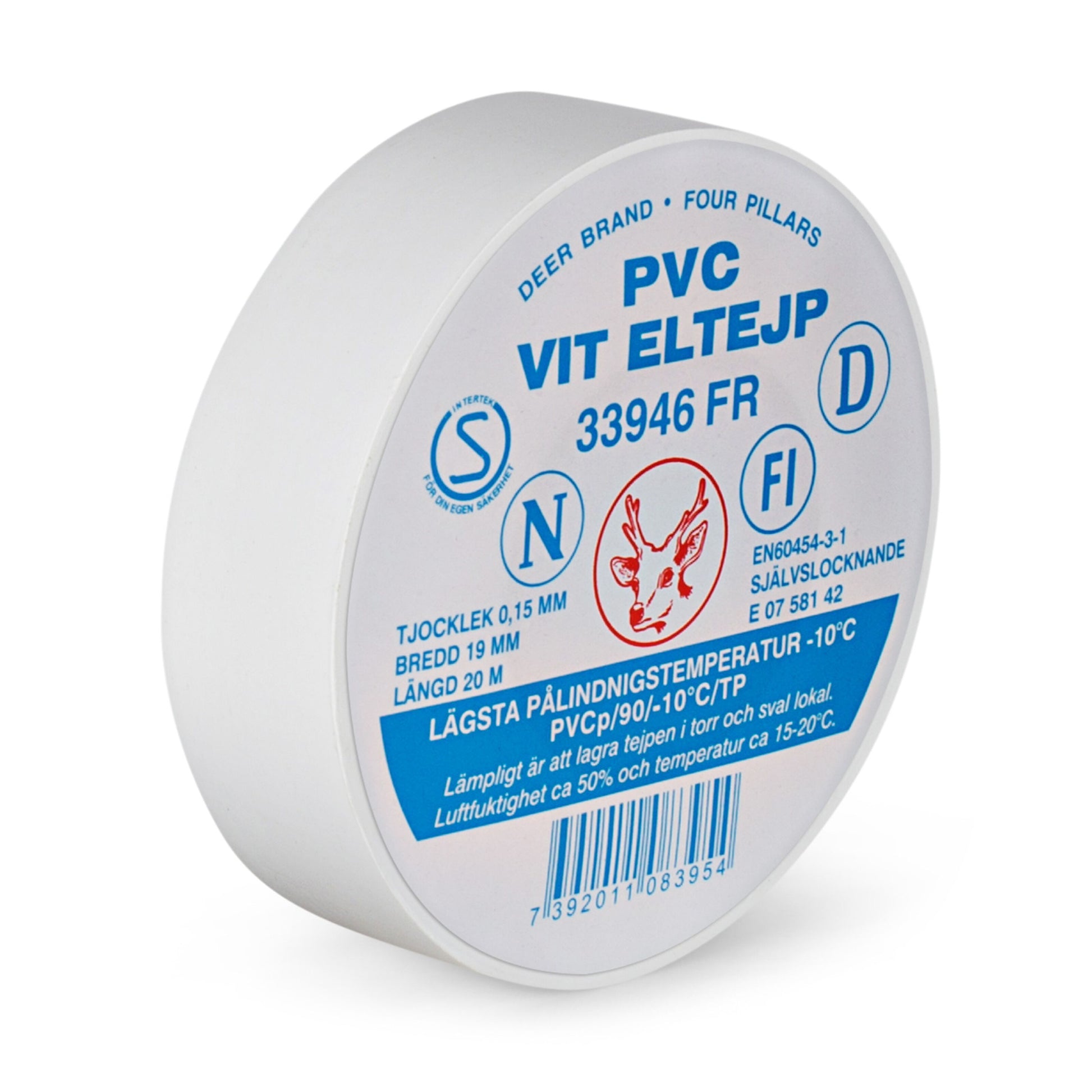 Etab elektrisk tape 19 mm x 20 m hvid, svensk etiket med rødt rådyr-logo, mål, temp.grænser og produktkoder.
