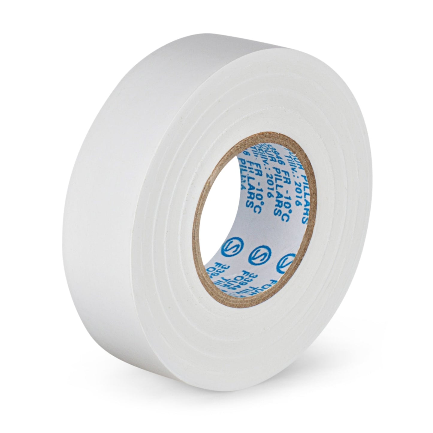 Elektrisk tape 19 mm x 20 m hvid, blå tekst på inderkernen, til ledningsisolering og kabelføring.