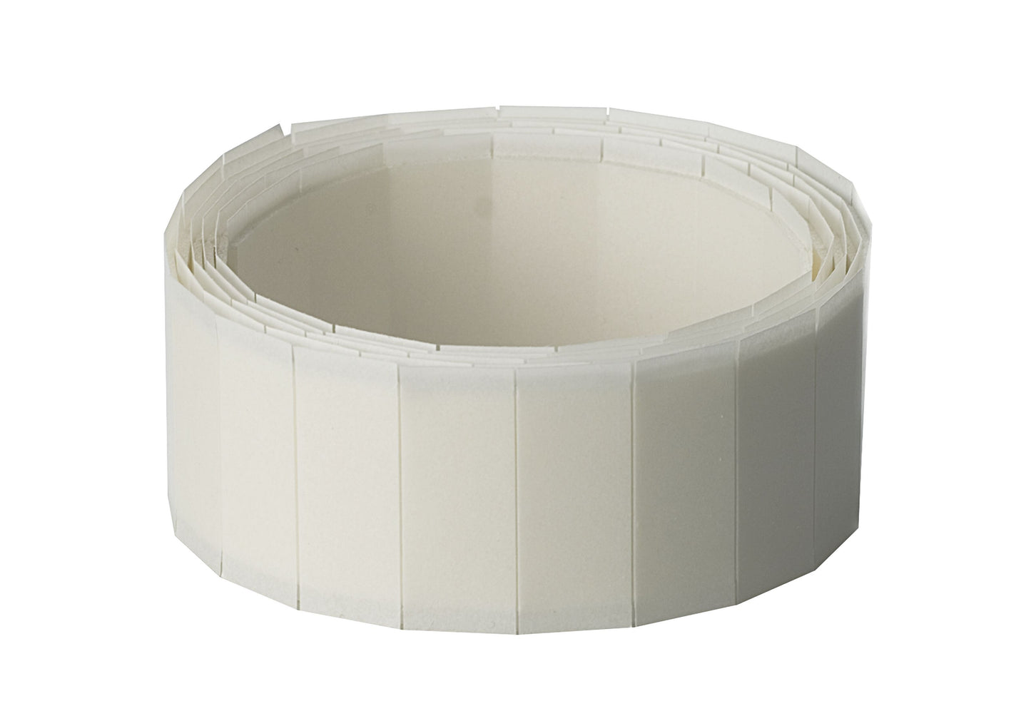 Fastpuder 25x12 mm, hvide, dobbeltsidet tape, perforeret, rulle med 100 stk.