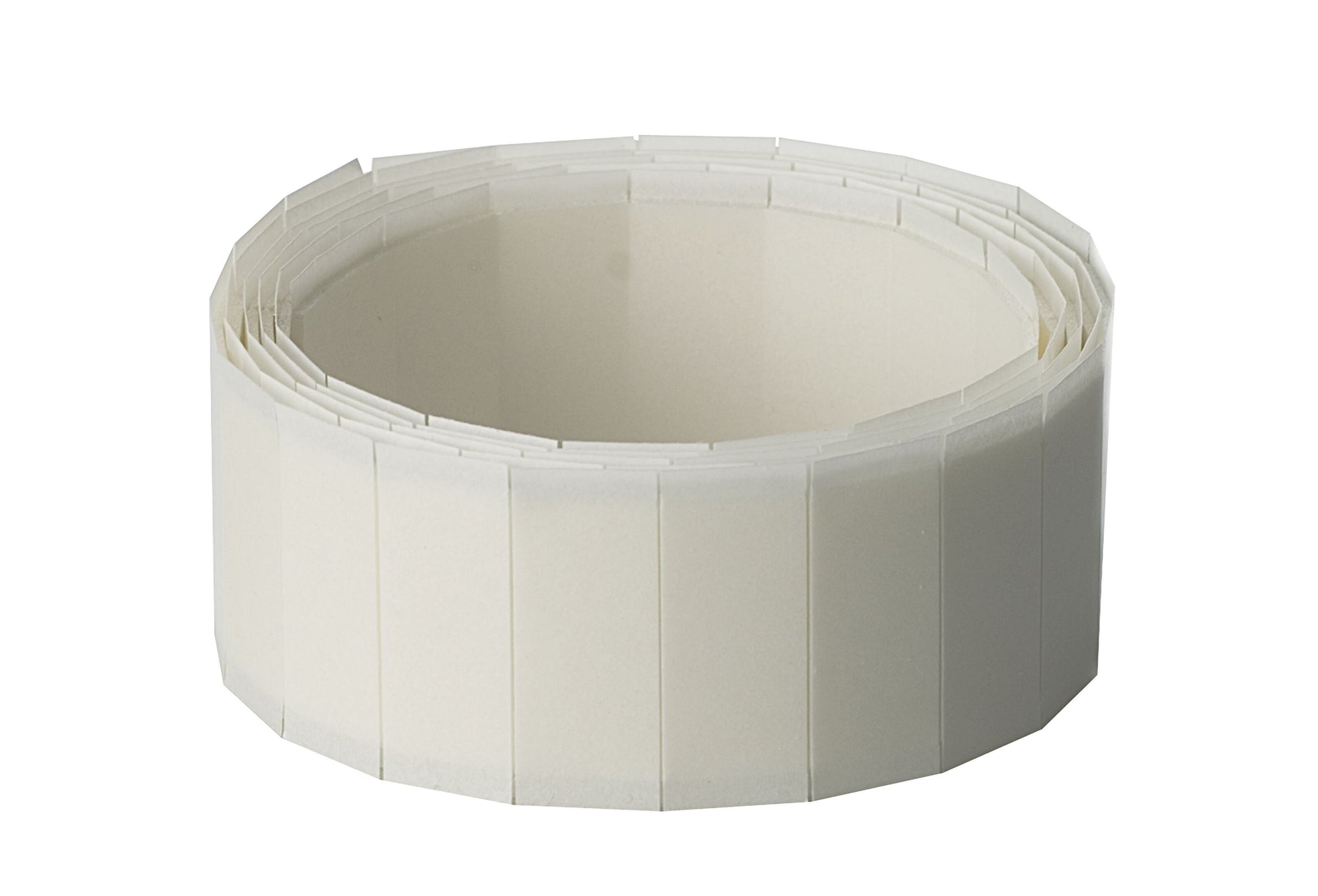 Fastpuder 25x12 mm, hvide, dobbeltsidet tape, perforeret, rulle med 100 stk.
