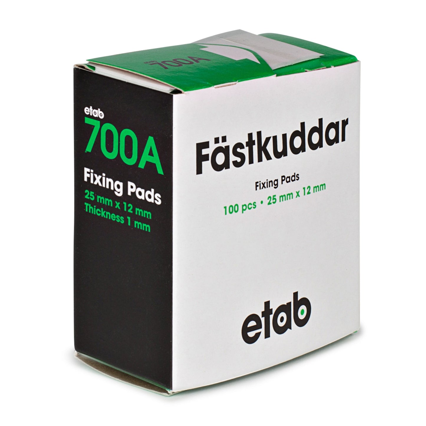Etab Fastpuder 25x12 mm 100 stk i hvid/grøn æske, indeholder 100 dobbeltsidede fix-puder, hver 25x12 mm og 1 mm tyk.