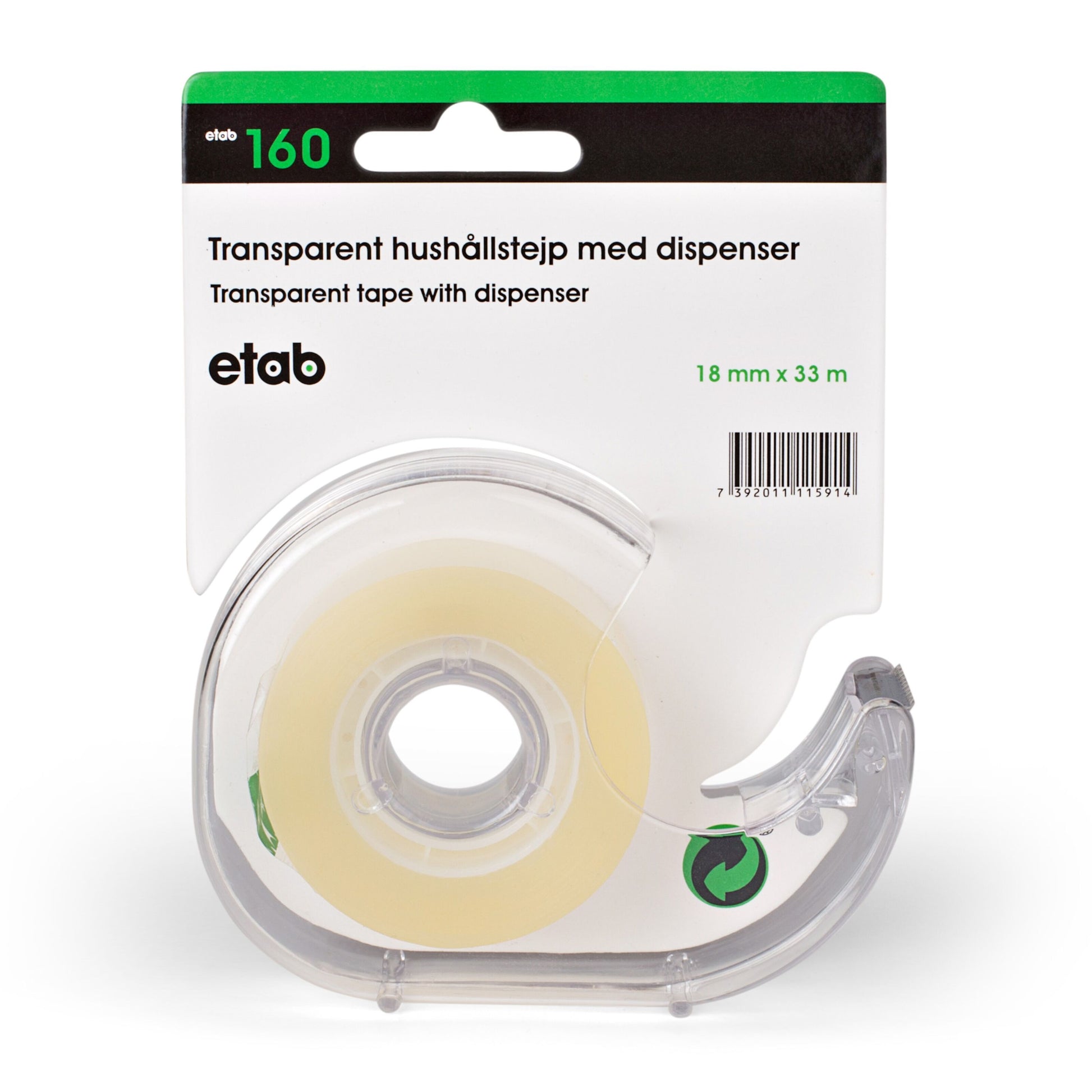 Etab kontortape 33 m x 18 mm i klar dispenser med hvid-grøn label tekst: Transparent tape med dispenser.