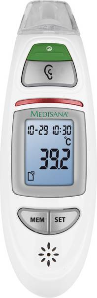 Medisana TM 750 Connect febertermometer viser 39,2°C med grå knapper og grøn øreknap til pande- og øremåling.