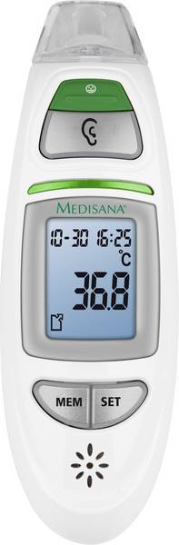 Medisana TM 750 Connect febertermometer med 36,8°C på display, MEM/SET knapper, grønt Medisana-logo, pande/øre måling.