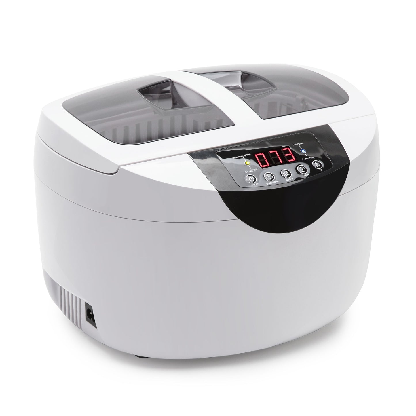 Rubicson ultralydsrenser 165 W 2,5 L med transparent låg, digitalt display og kontrolknapper til smykker.