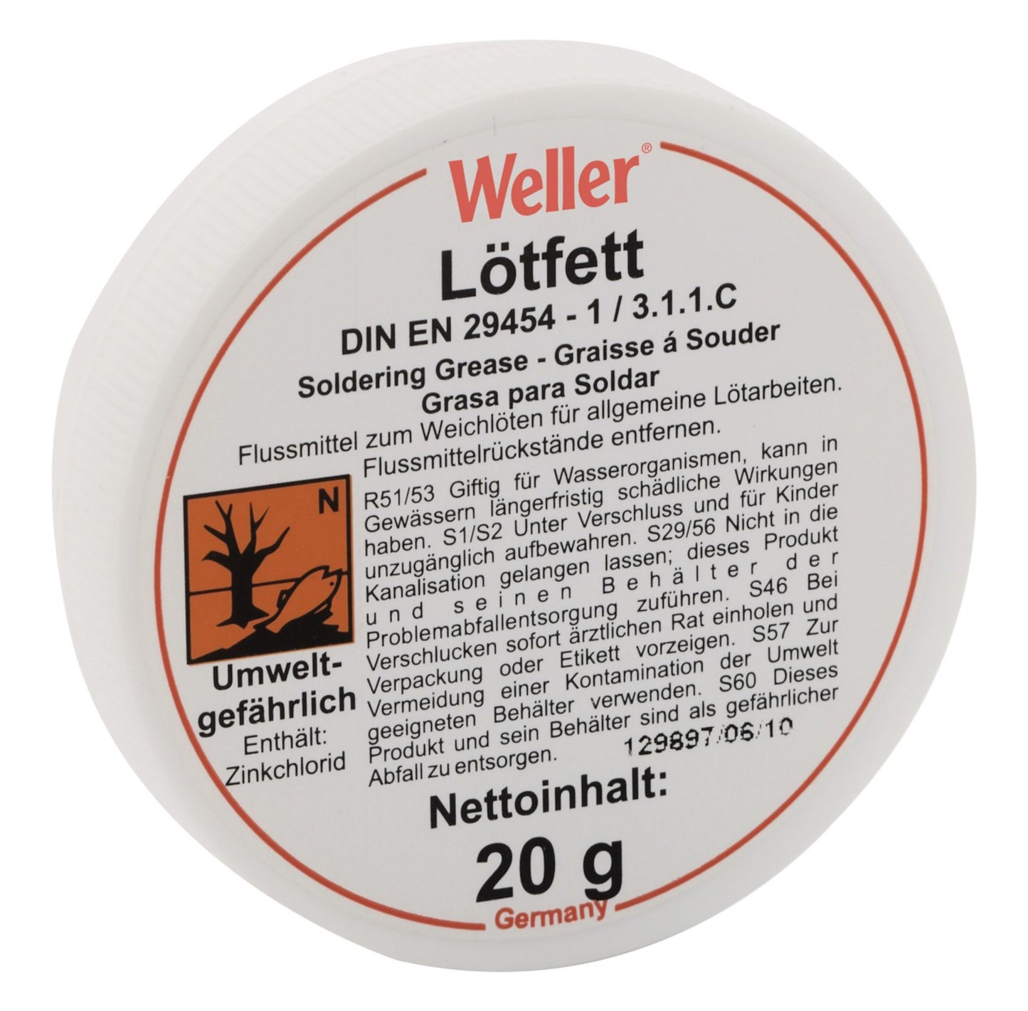 Weller LF25 Flusmiddel 20g, rund hvid beholder med flersproget tekst, advarselssymboler og info på låget.