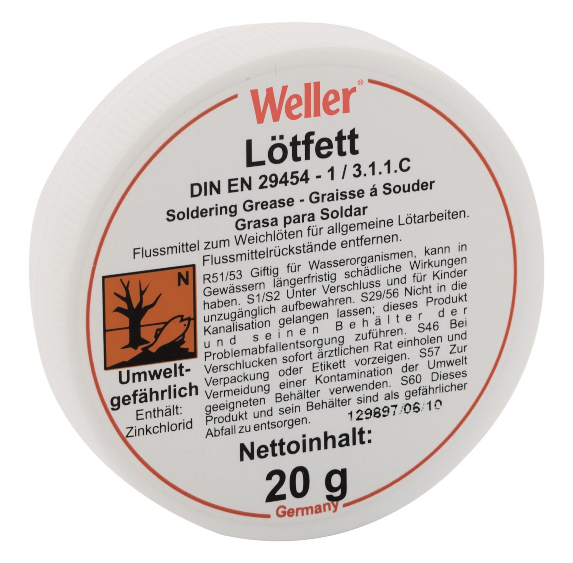 Weller LF25 Flusmiddel 20g, rund hvid beholder med flersproget tekst, advarselssymboler og info på låget.