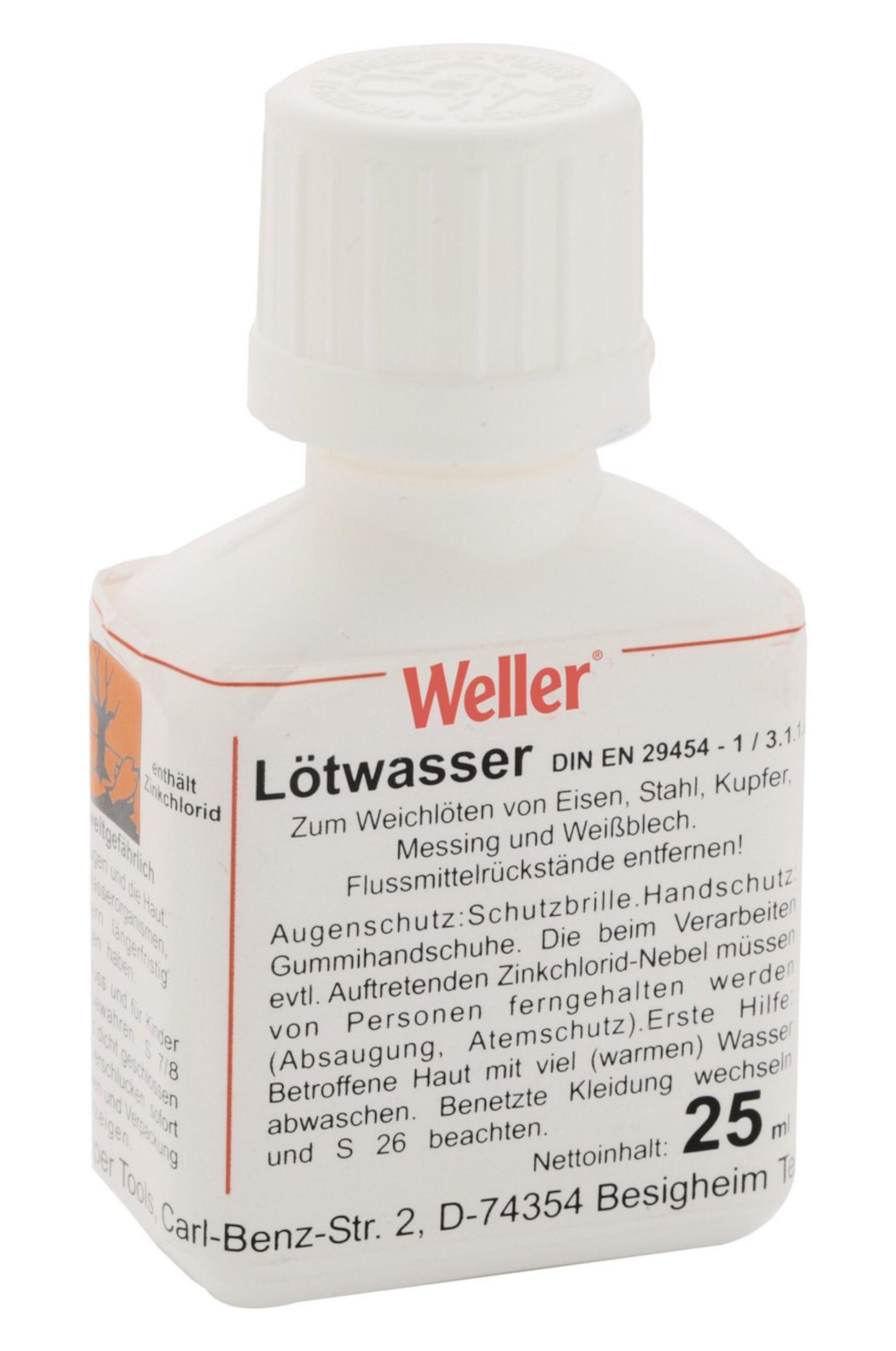 Weller LW25 flydende smøremiddel 25 ml hvid plastflaske med sorte og røde tyske sikkerheds- og brugsinstruktioner.