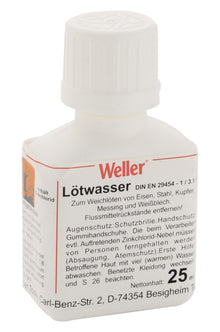 Weller LW25 flydende smøremiddel 25 ml hvid plastflaske med sorte og røde tyske sikkerheds- og brugsinstruktioner.
