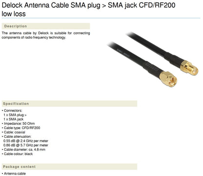 Delock SMA han til SMA hun forlængerkabel CFD/RF200 7,5 m, guldbelagte stik, sort kabel.