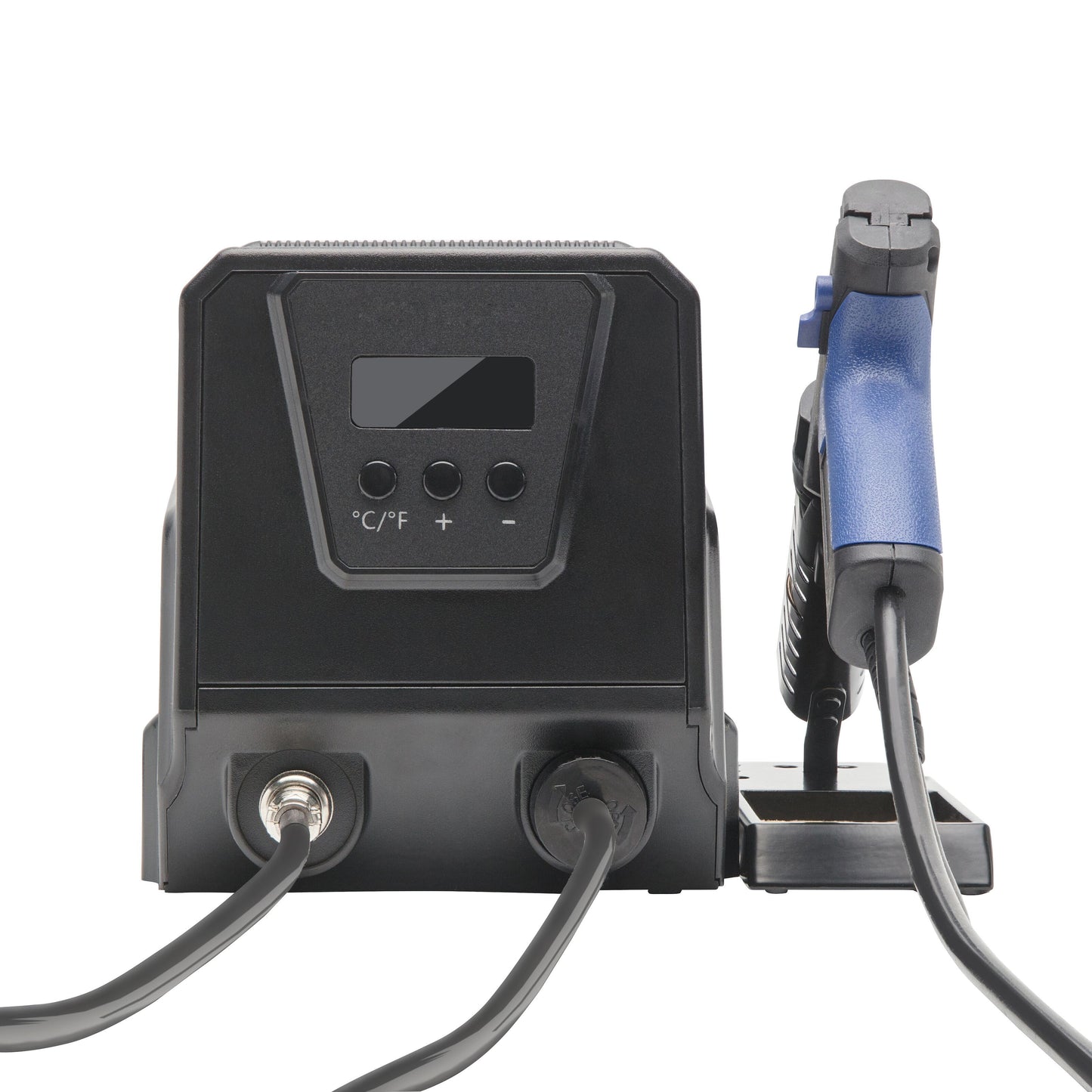 Avlødningsstation Pro 90 W sort enhed med digitalt display, plus/minus knapper, tilsluttede kabler og blå/sort håndværktøj.