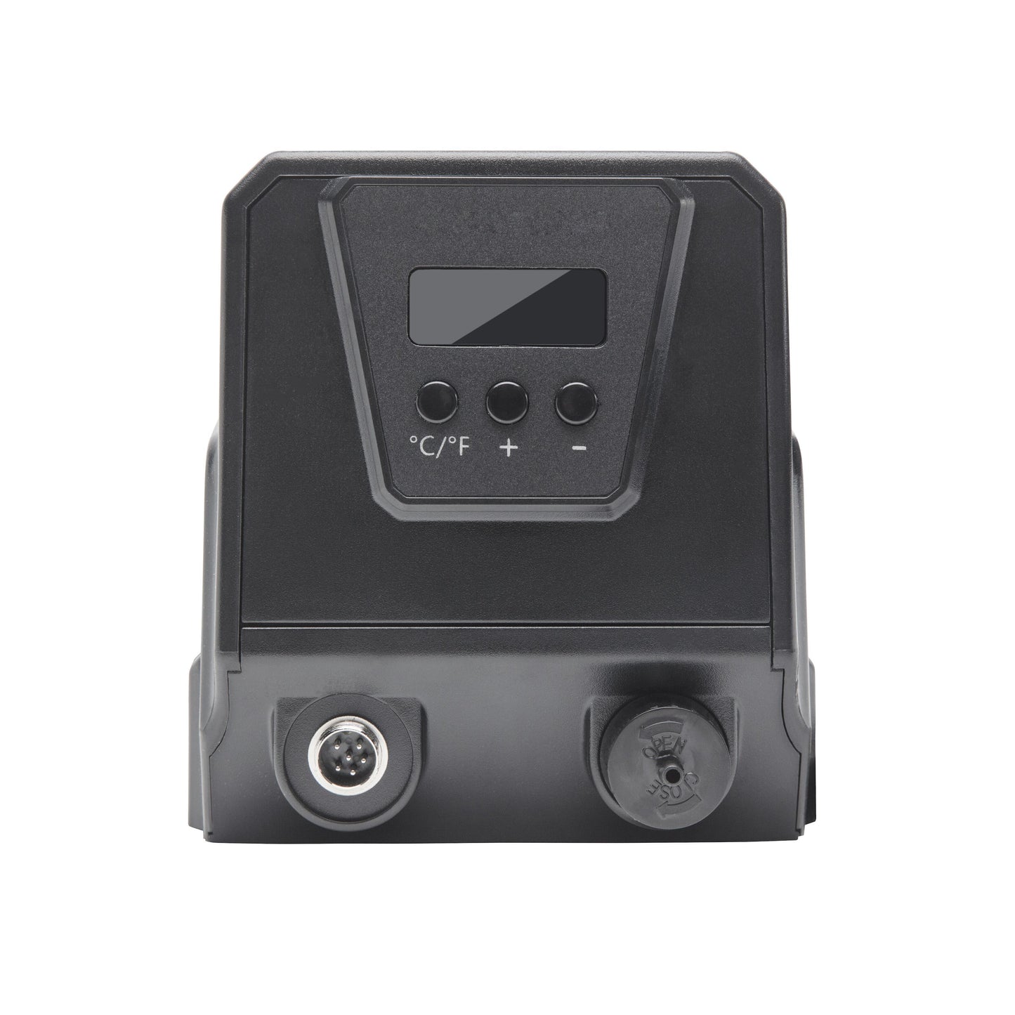 Luxorparts Avlødningsstation Pro 90 W sort front, digitalt display, tre knapper (°C/°F, +, -), to runde porte nederst.