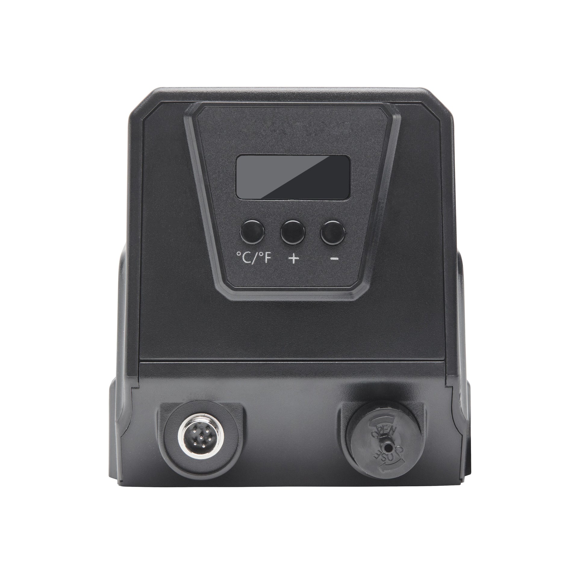 Luxorparts Avlødningsstation Pro 90 W sort front, digitalt display, tre knapper (°C/°F, +, -), to runde porte nederst.