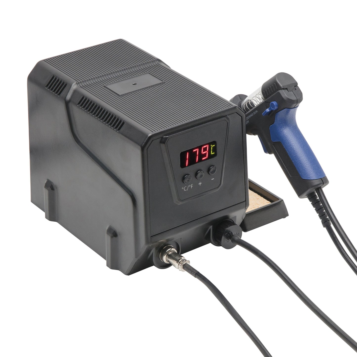 Luxorparts Avlødningsstation Pro 90 W sort digital med 179°C display monteret på blå/sort varmepistol, flere kabler, sidebakke.