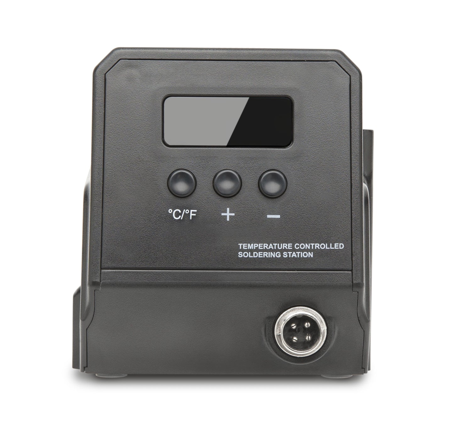Front af Dibotech Loddestation Pro 60 W med digital temperaturstyring, display, C/F-knap, +/- knapper, strømstik nederst til højre.