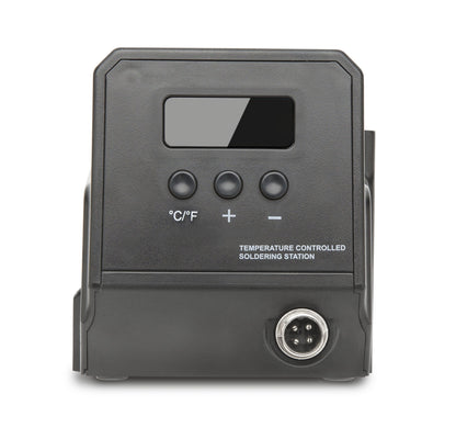 Front af Dibotech Loddestation Pro 60 W med digital temperaturstyring, display, C/F-knap, +/- knapper, strømstik nederst til højre.