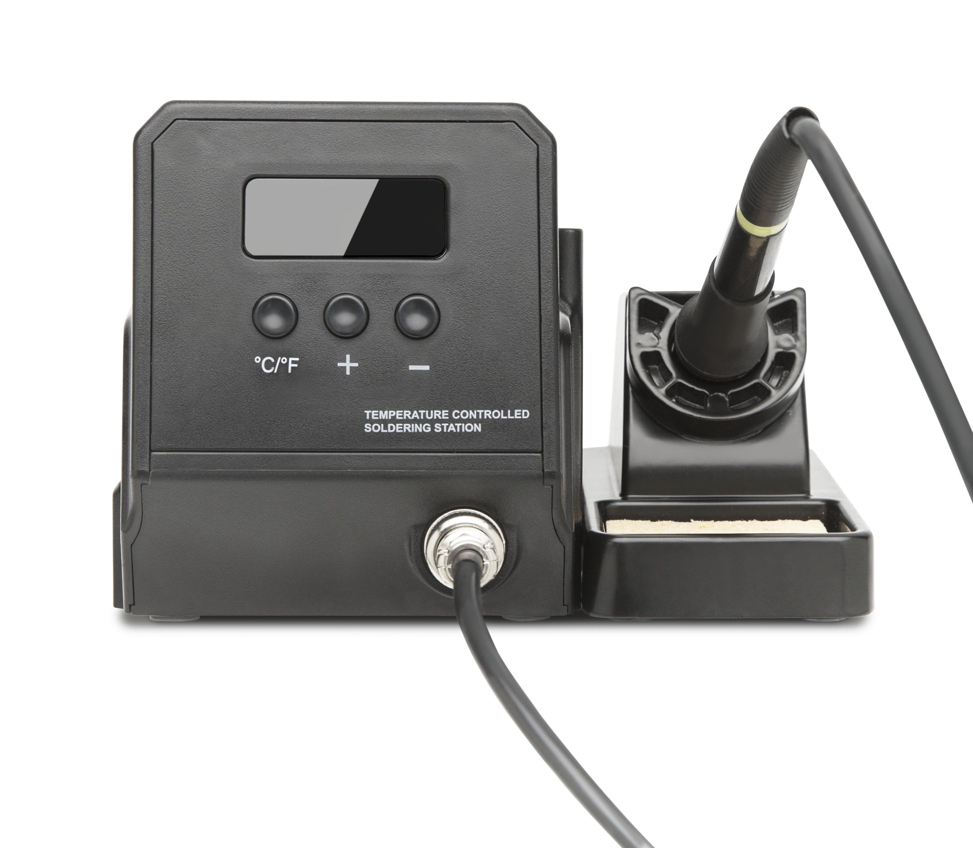 Luxorparts Loddestation Pro 60 W sort med digital temperaturstyring, display, kontrolknapper, loddekolbe i holder, frontstrømledning.