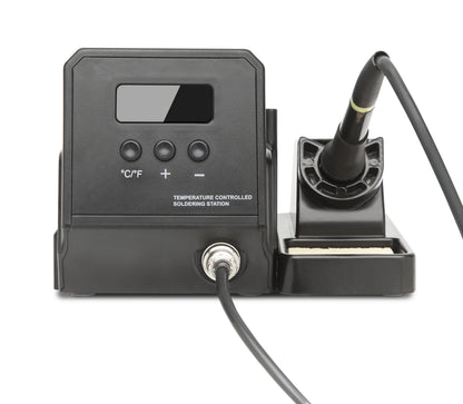 Luxorparts Loddestation Pro 60 W sort med digital temperaturstyring, display, kontrolknapper, loddekolbe i holder, frontstrømledning.