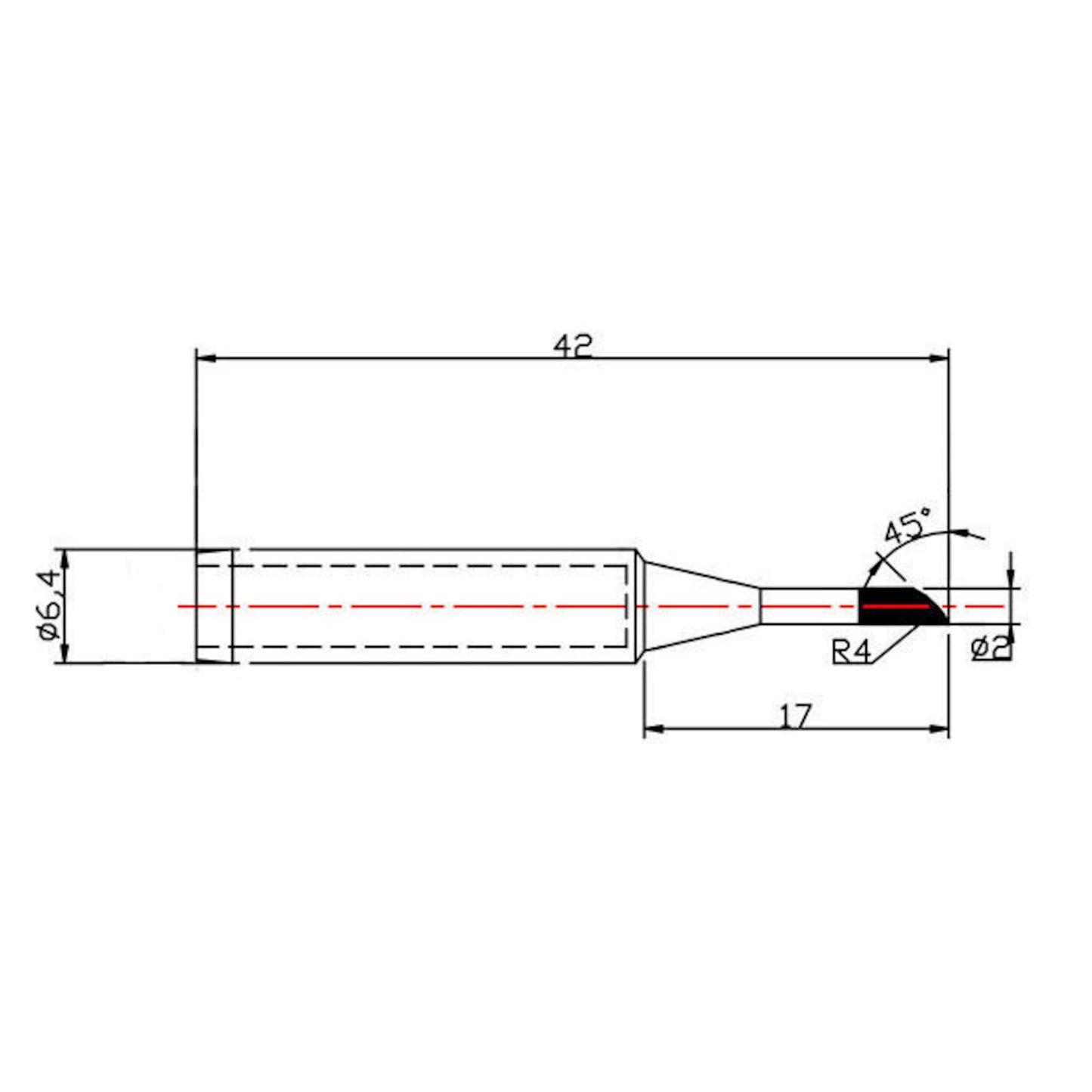 Dibotech loddespids 2,0 mm til 40570/40745/40746, cylindrisk, affaset spids, L42 mm, Ø6,4 mm ved base, 45° affasning.