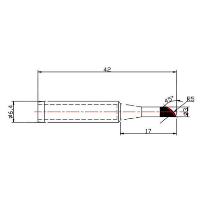 Dibotech loddespids 3,0 mm til 40570/40745/40746, cylindrisk Ø6,4mm, 42mm lang, spids 45° vinkel, rød centermarkering.