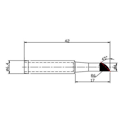 Dibotech loddespids til 40570/40745/40746, 4,0 mm, cylindrisk med affaset spids, 42 mm lang, 6,4 mm dia, mål vist.