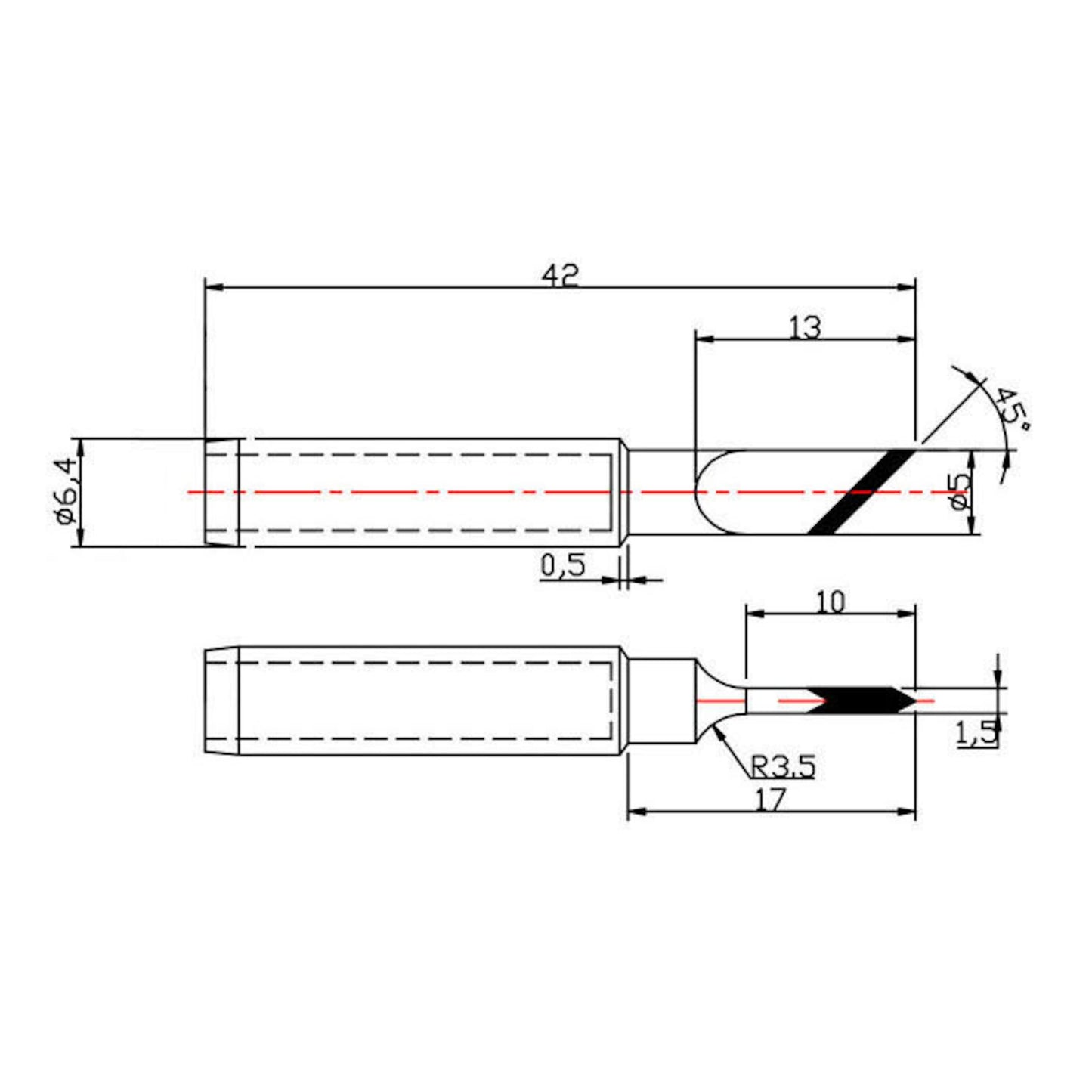 Dibotech loddespids flad skråstillet til 40570/40745/40746, 6,4mm diameter, 42mm længde, 13mm vinkel flad spids.