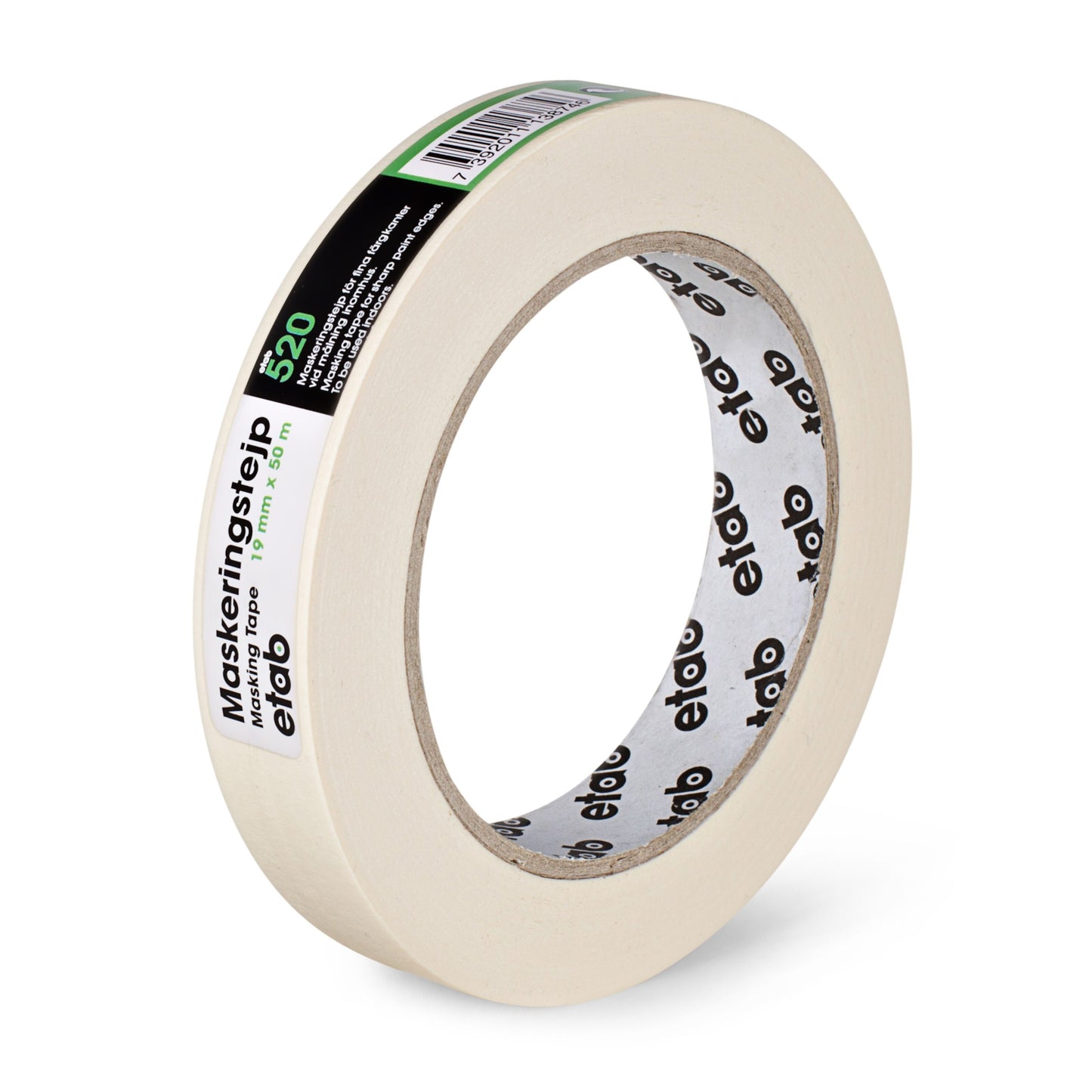 Etab afdækningstape beige 19 mm på rulle med synligt brandskilt og tydeligt Etab-logo på inderdelen.