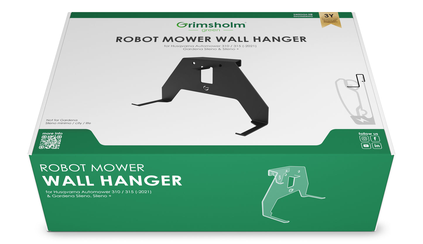 Grimsholm vægholder til Automower 310/315 og Gardena Sileno box med synligt Grimsholm-logo grøn design.