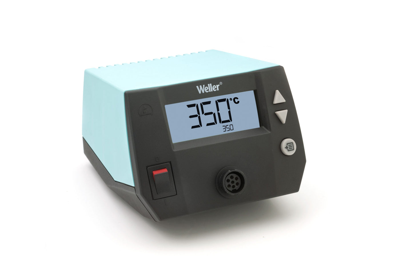 Weller WE 1010 loddestation 70W, digitalt display med 350°C, front powerknap, kontrolknapper, stikport, blå-sort design.