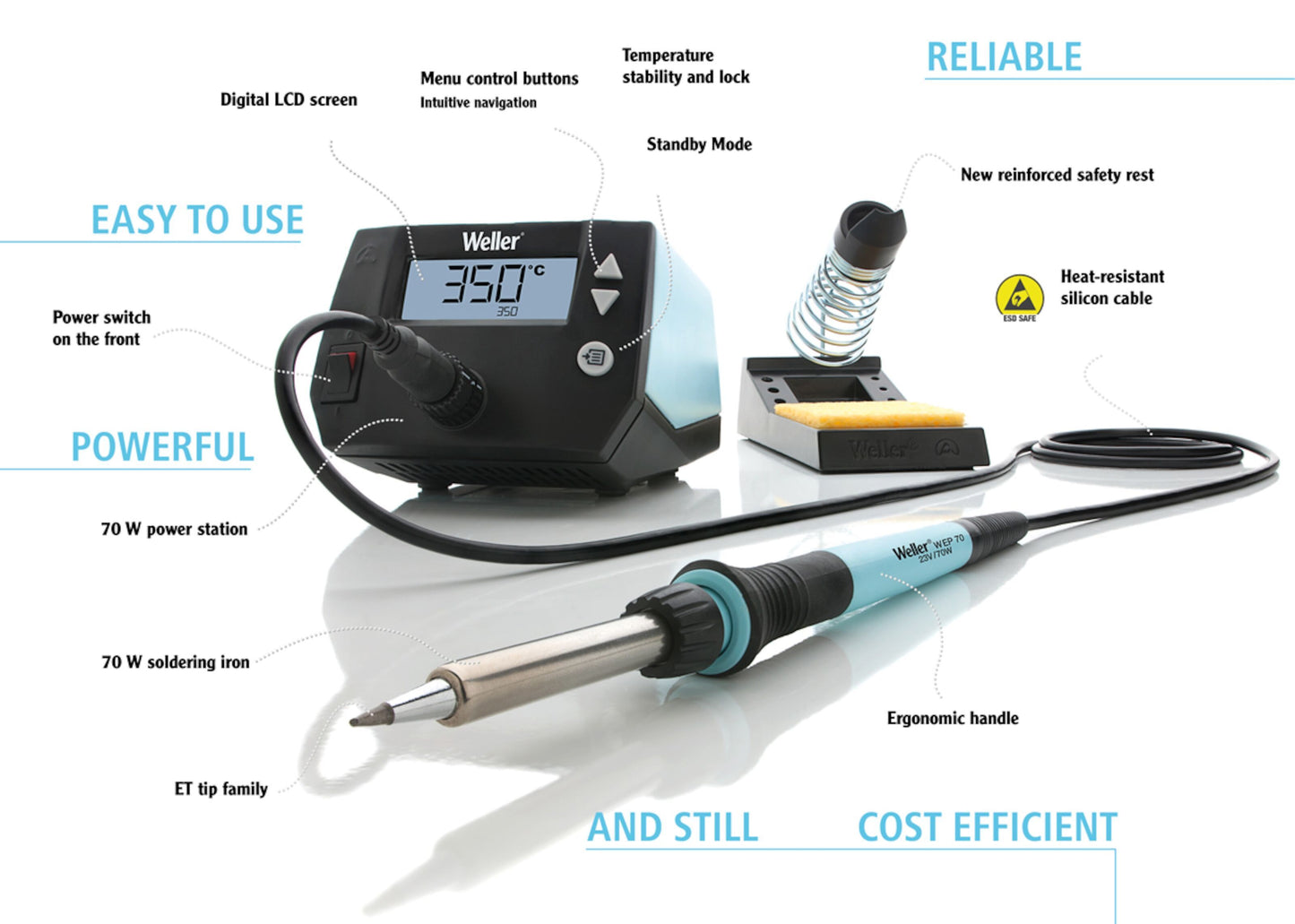 Weller WE 1010 digital loddestation 70 W med display, tænd/sluk, ergonomisk greb, varmeresistent kabel, stander og svamp.