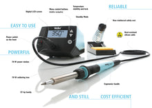 Weller WE 1010 digital loddestation 70 W med display, tænd/sluk, ergonomisk greb, varmeresistent kabel, stander og svamp.