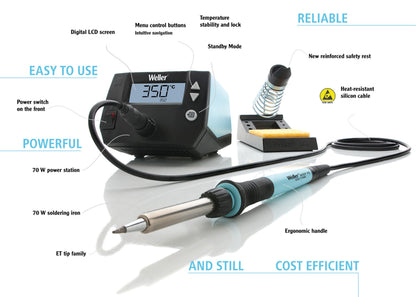 Weller WE 1010 digital loddestation 70 W med display, tænd/sluk, ergonomisk greb, varmeresistent kabel, stander og svamp.