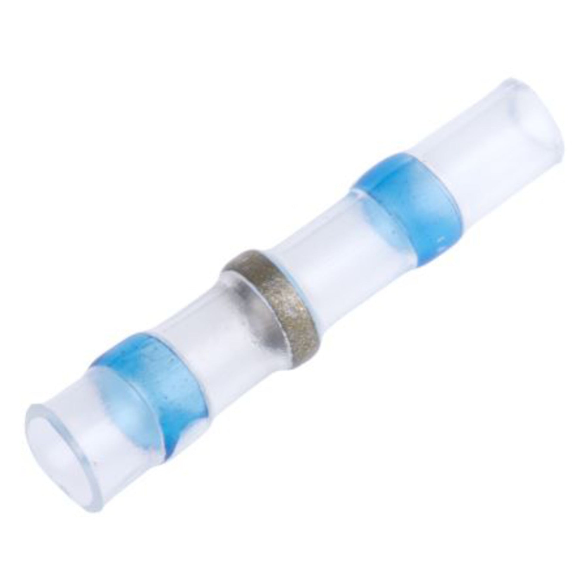 Transparent lægsmuffe 1,4-2,7 mm² med metalring og blå limbånd til elinstallation og ledningsforberedelse.