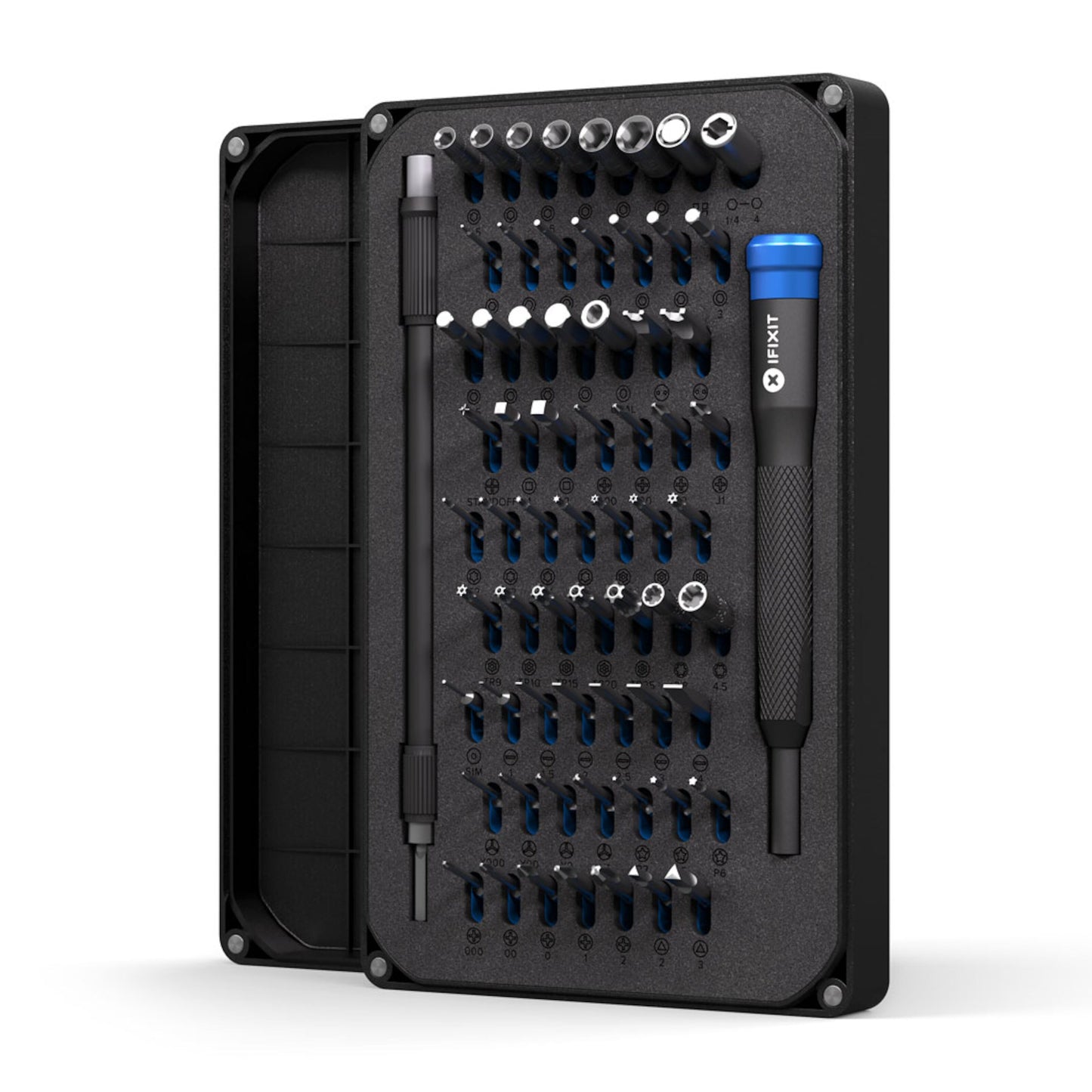 IFixit Mako Præcisionsmejsel sort, bits sæt med små bits, alle dele organiseret.