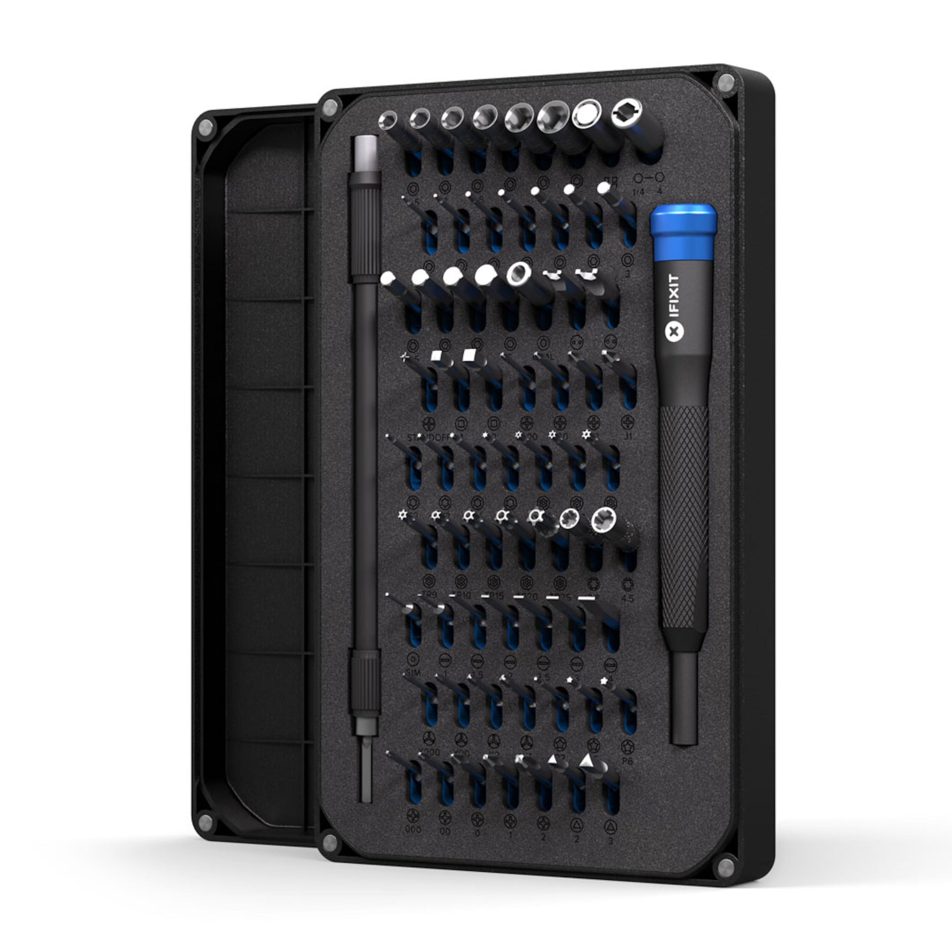 IFixit Mako Præcisionsmejsel sort, bits sæt med små bits, alle dele organiseret.