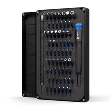 IFixit Mako Præcisionsmejsel sort, bits sæt med små bits, alle dele organiseret.
