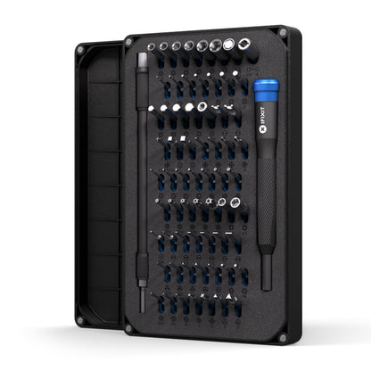 IFixit Mako Præcisionsmejsel sort, bits sæt med små bits, alle dele organiseret.
