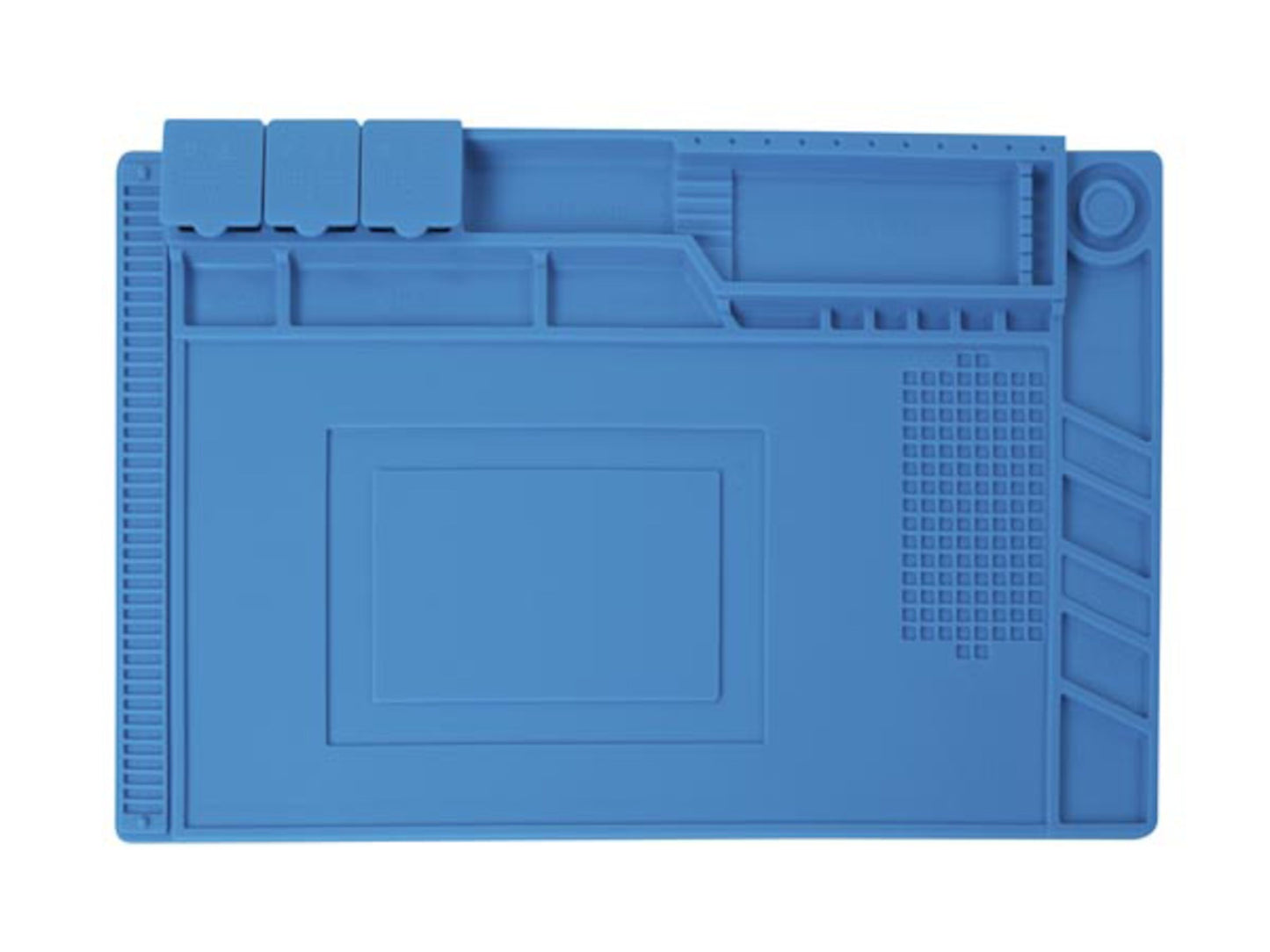 Velleman arbejdsmåtte til lodning 45x30 cm blå antistatisk med rum og slidser til værktøj og komponenter.