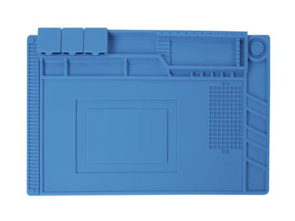 Velleman arbejdsmåtte til lodning 45x30 cm blå antistatisk med rum og slidser til værktøj og komponenter.