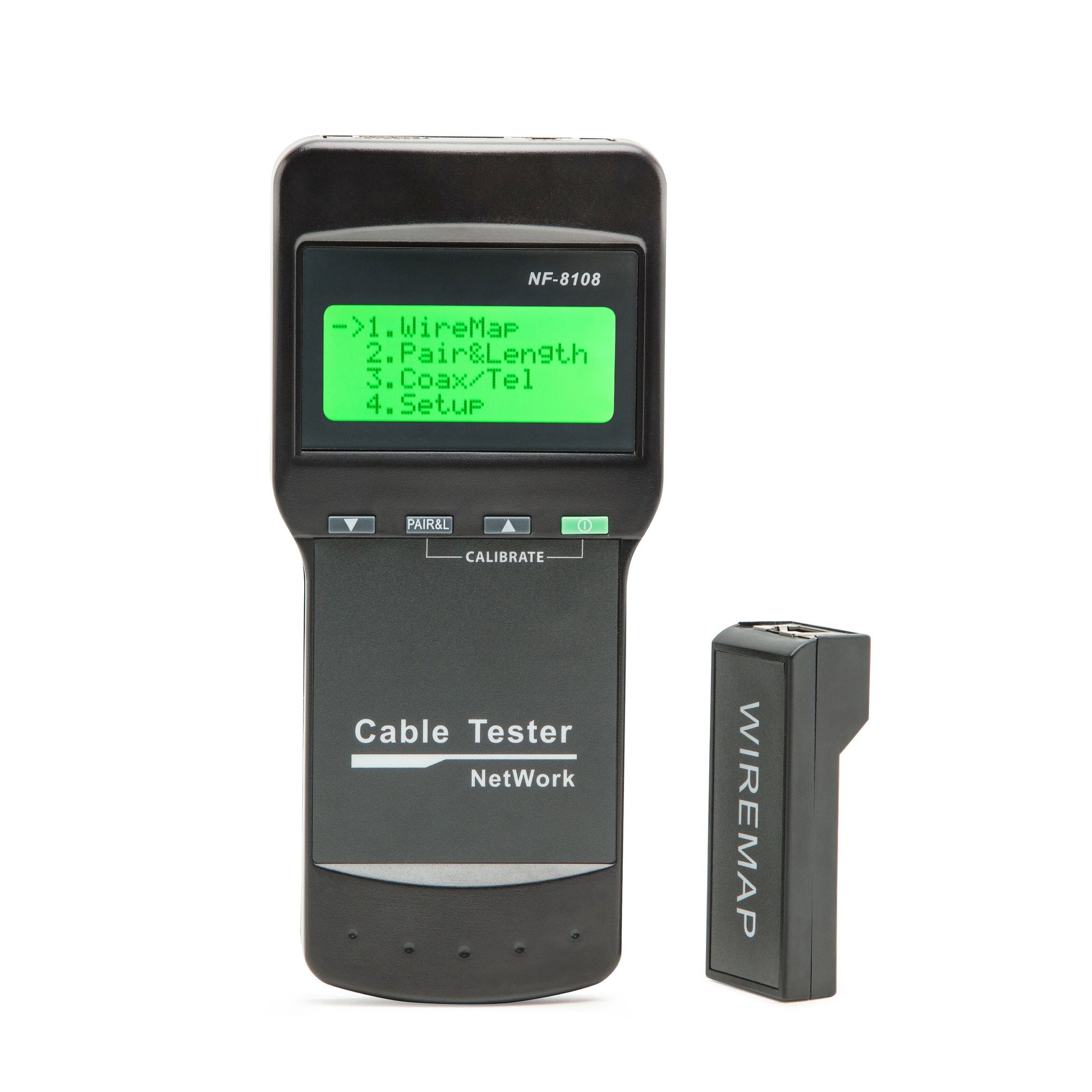 Luxorparts kabeltester LCD til netværkskabel, sort, grøn baggrundsbelyst LCD, WIREMAP-mærket adapter.