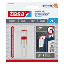 Tesa Justerbar hæftepistol til tapet og gips 2 kg 2-pak, vises med søm, brugervejledning og diagrammer på emballagen.