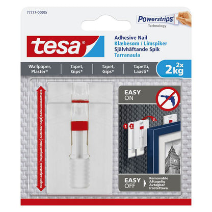 Tesa Justerbar hæftepistol til tapet og gips 2 kg 2-pak, vises med søm, brugervejledning og diagrammer på emballagen.