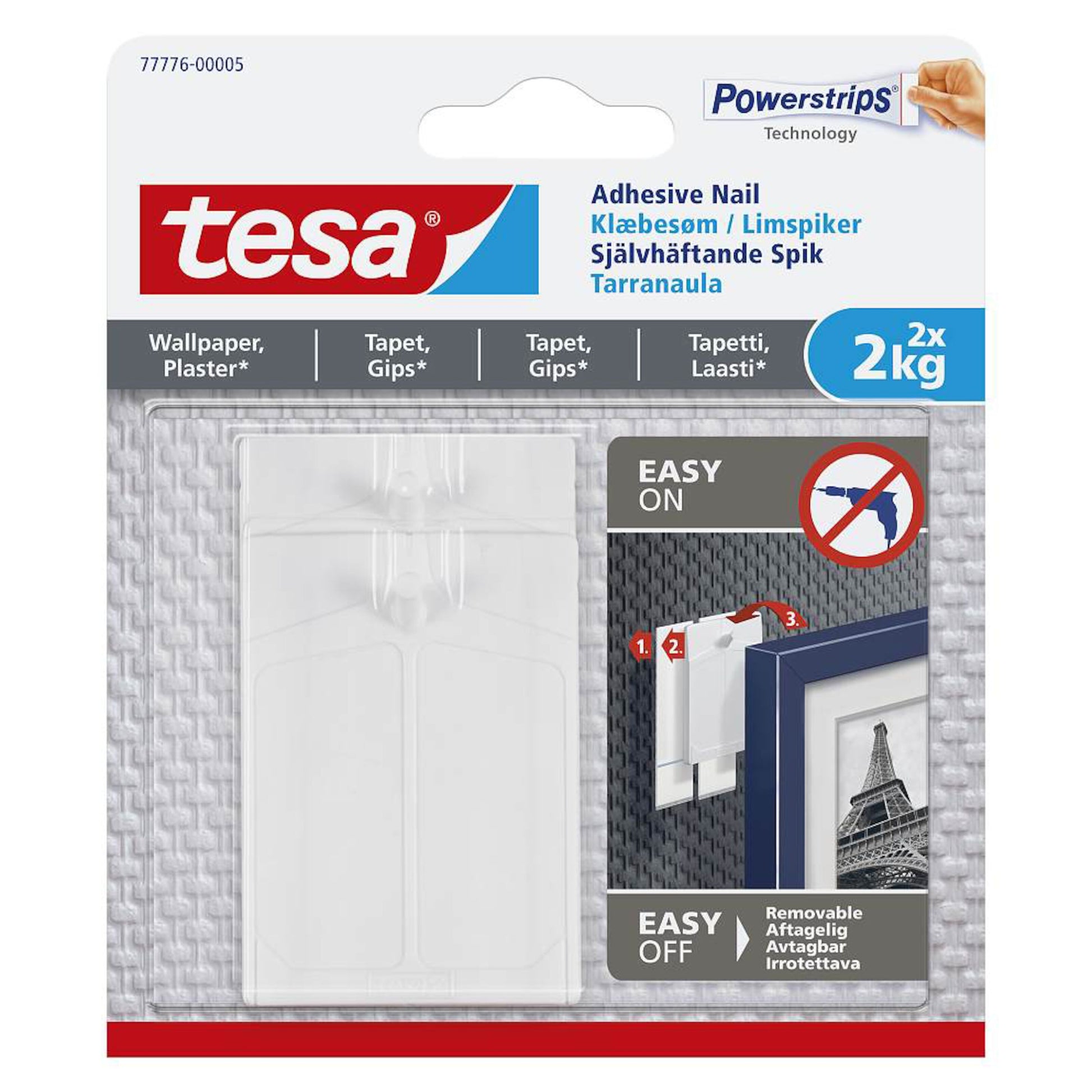 Tesa Hæftesøm til tapet og puder 2 kg 2-pak, emballage med installationsvejledning, hvid, aftagelig.
