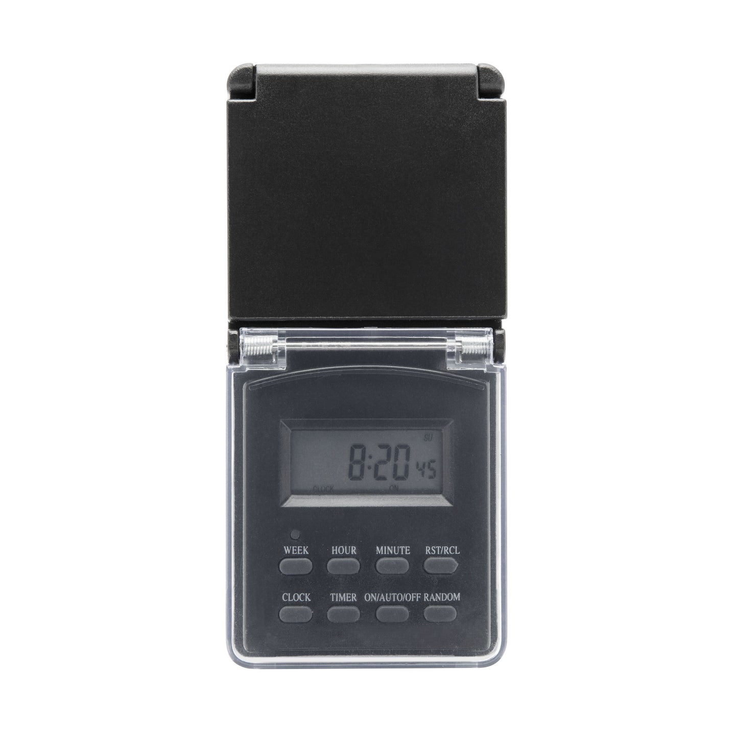 Luxorparts digital timer 7 dage udendørs, sort flip-cover, vejrresistent, display viser 8:20 45, funktionstaster.