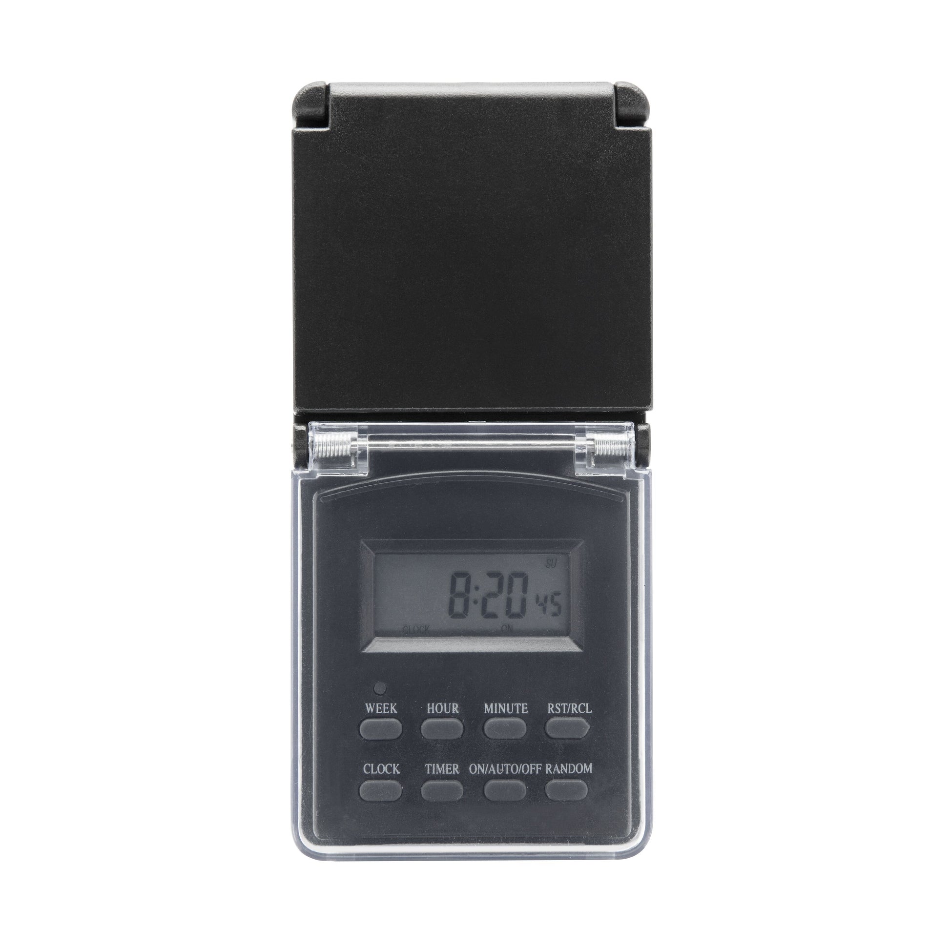 Luxorparts digital timer 7 dage udendørs, sort flip-cover, vejrresistent, display viser 8:20 45, funktionstaster.