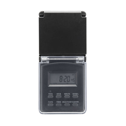 Luxorparts digital timer 7 dage udendørs, sort flip-cover, vejrresistent, display viser 8:20 45, funktionstaster.