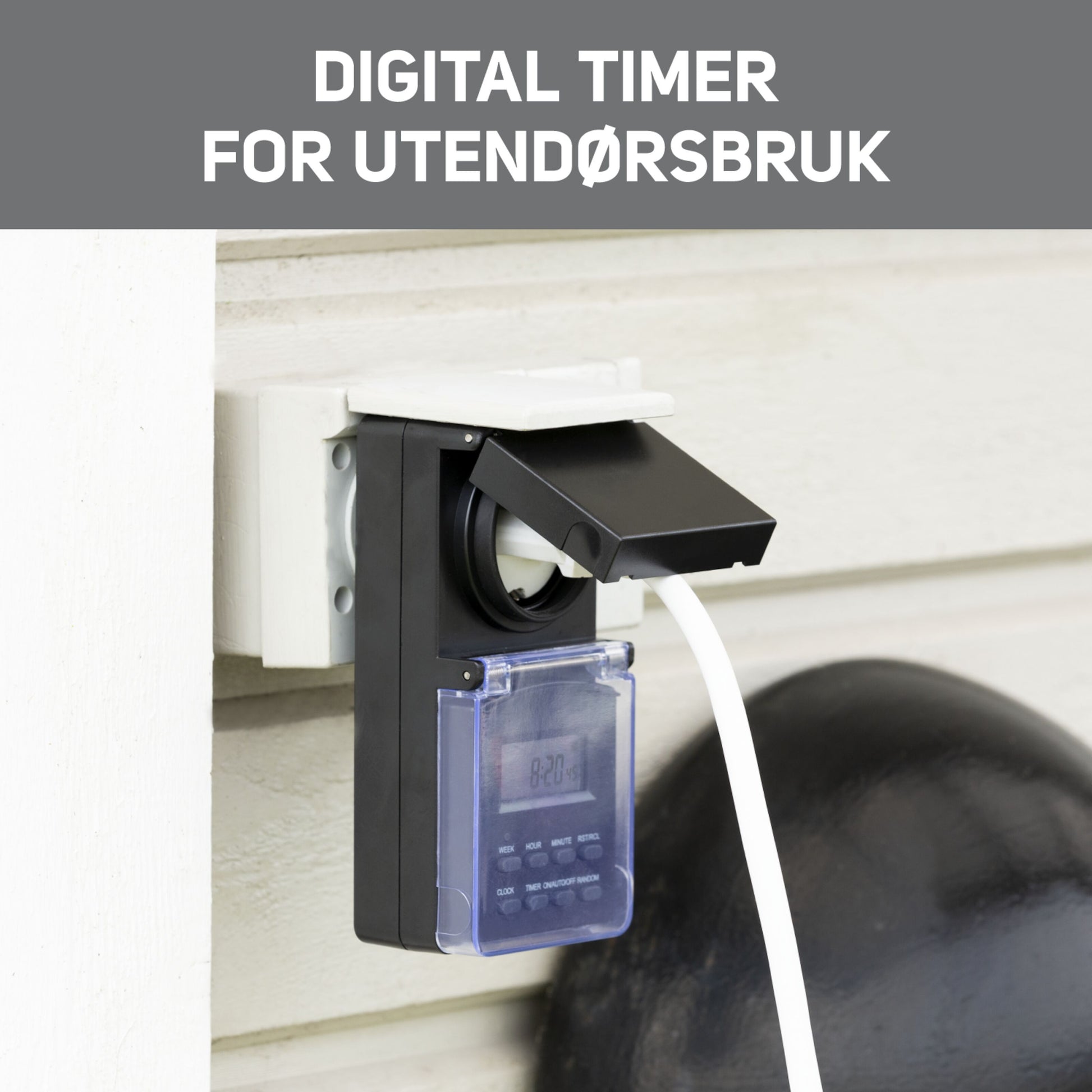 Luxorparts digital timer 7 dage udendørs med display, vejrresistent låg, tekst DIGITAL TIMER FOR UTENDØRSBRUK.
