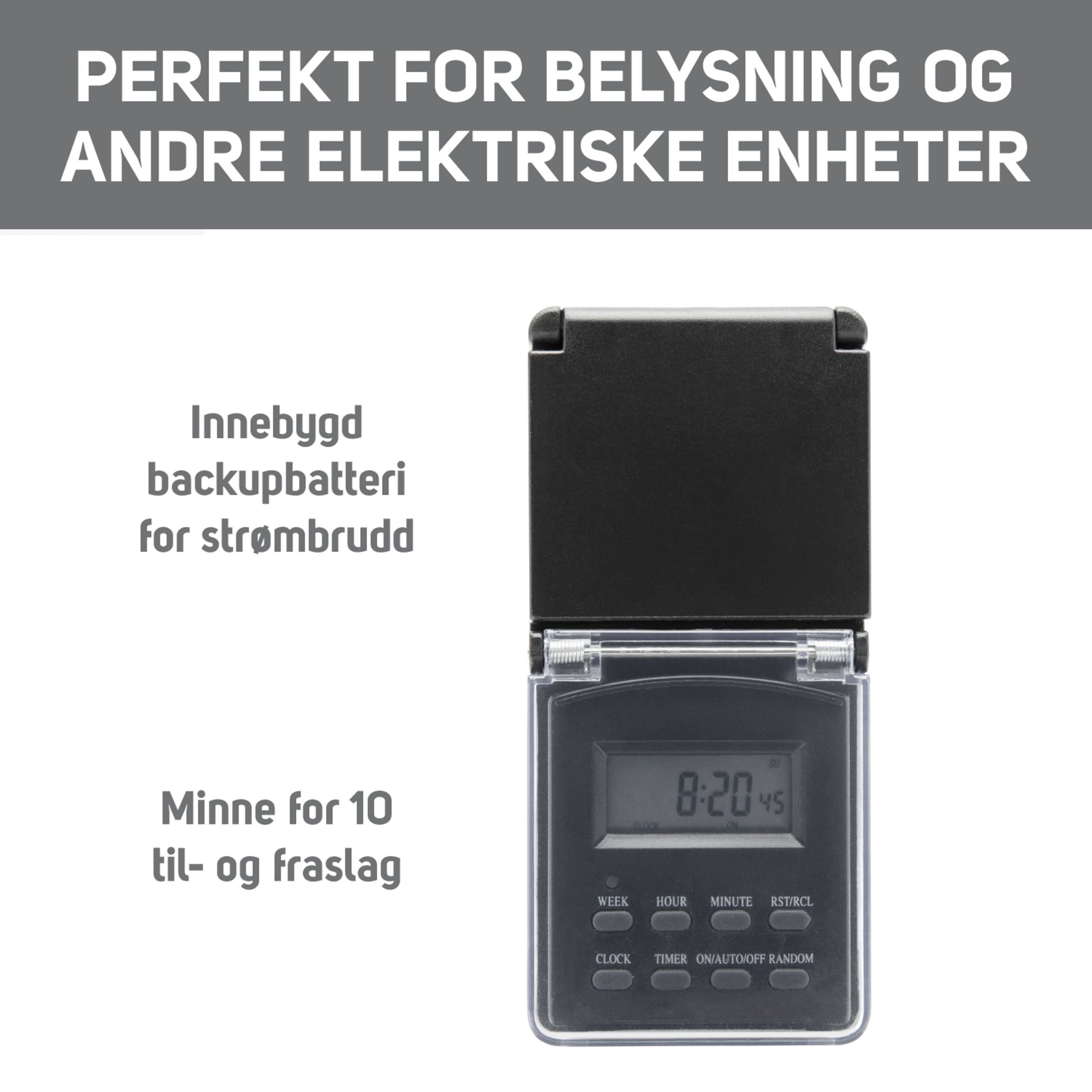 Luxorparts digital timer udendørs 7 dage vejrresistent flip cover display batteribackup hukommelse til 10 indstillinger.